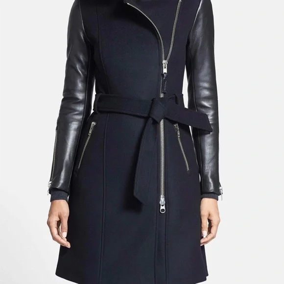 MACKAGE BLACK WOOL/LEATHER BELTED COAT - Picture 1 of 15